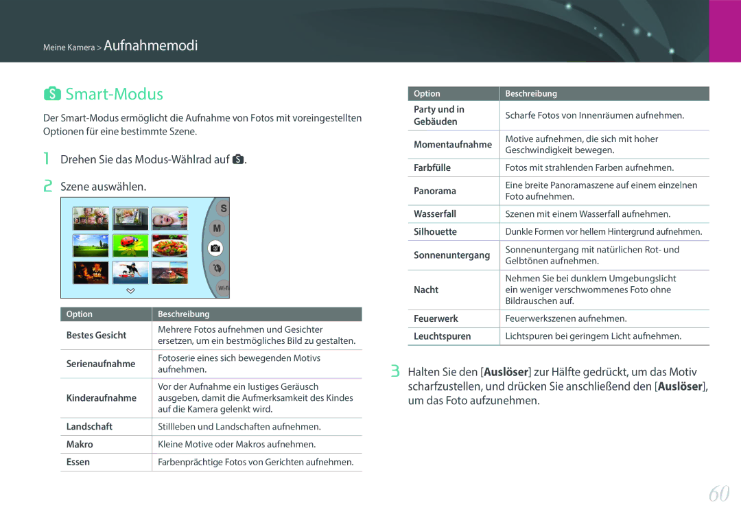 Samsung EV-NX3000BOIPT, EV-NX3000BOHFR, EV-NX3300BPBDE manual Smart-Modus, Drehen Sie das Modus-Wählrad auf s Szene auswählen 