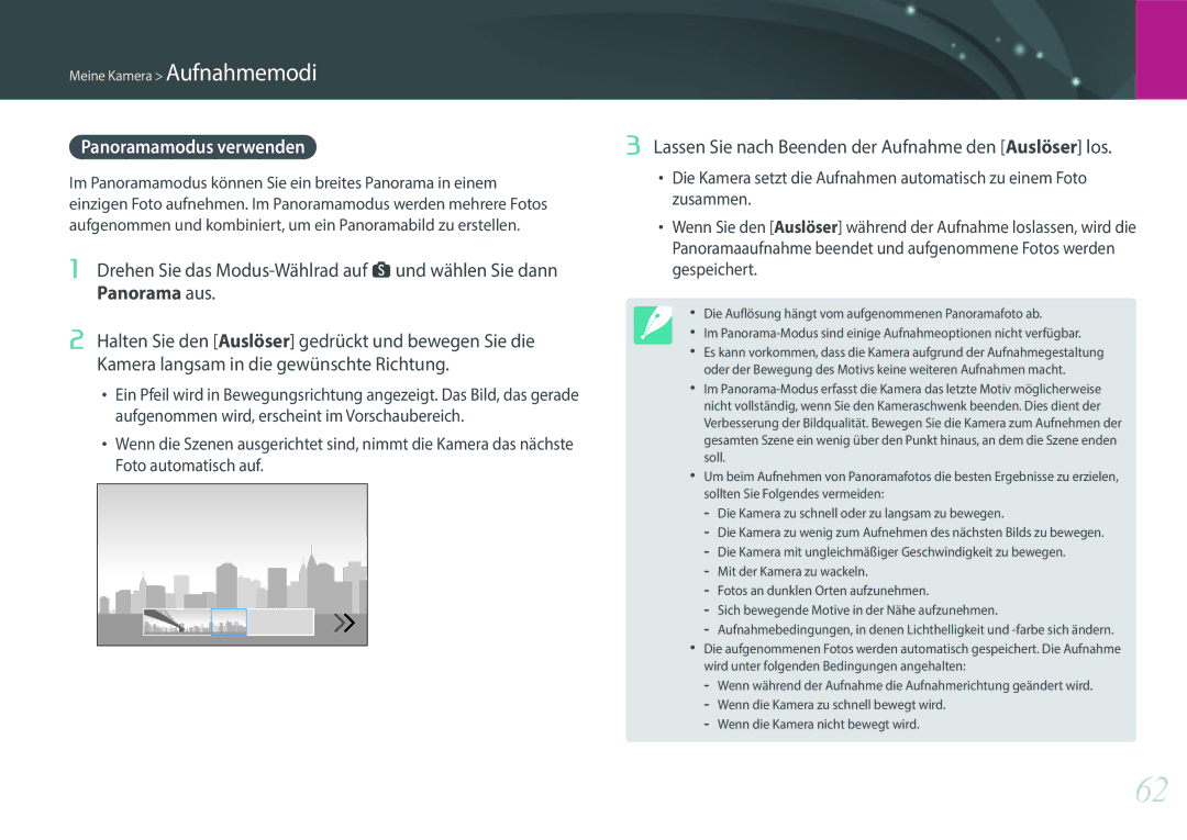 Samsung EV-NX3000BOHDE, EV-NX3000BOHFR manual Panoramamodus verwenden, Lassen Sie nach Beenden der Aufnahme den Auslöser los 