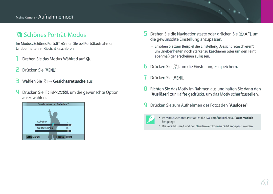 Samsung EV-NX3000BEHFR, EV-NX3000BOHFR manual RSchönes Porträt-Modus, Drehen Sie das Modus-Wählrad auf R Drücken Sie m 