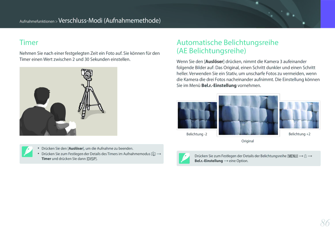 Samsung EV-NX3000BOIDE, EV-NX3000BOHFR, EV-NX3300BPBDE manual Timer, Automatische Belichtungsreihe AE Belichtungsreihe 