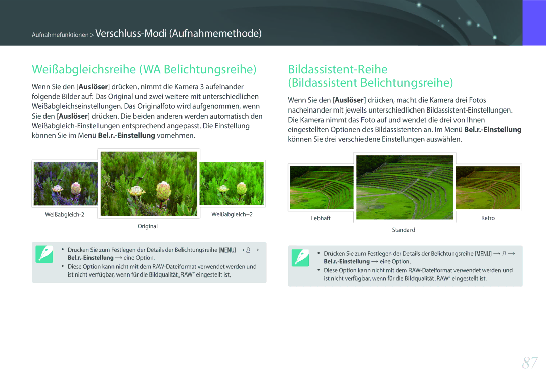 Samsung EV-NX3000BOIAT manual Weißabgleichsreihe WA Belichtungsreihe, Bildassistent-Reihe Bildassistent Belichtungsreihe 