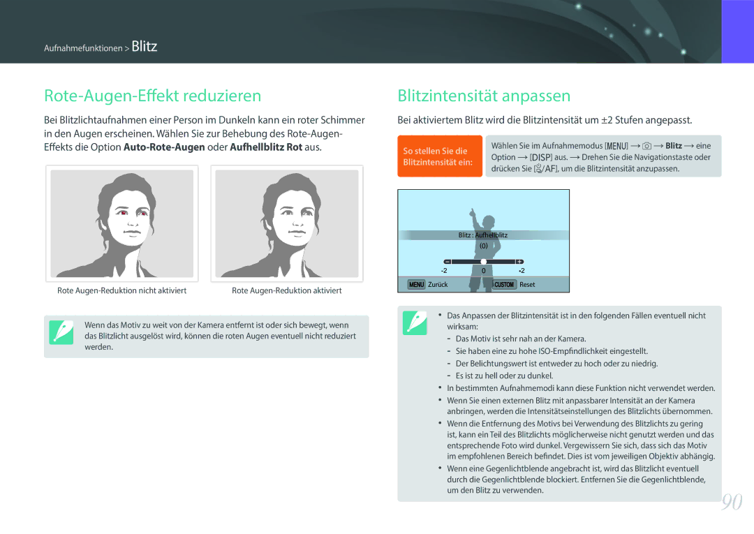 Samsung EV-NX3300BOBDE, EV-NX3000BOHFR, EV-NX3300BPBDE manual Rote-Augen-Effekt reduzieren, Blitzintensität anpassen 