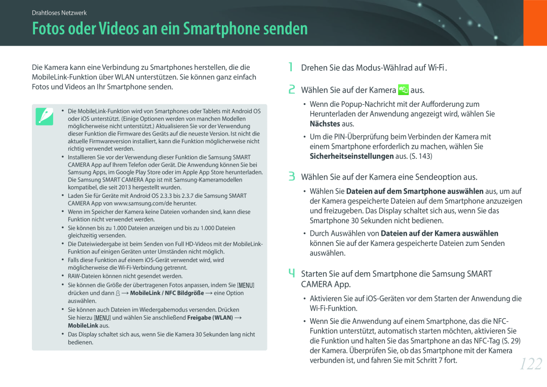 Samsung EV-NX3000BOHTR manual Fotos oder Videos an ein Smartphone senden, 3 Wählen Sie auf der Kamera eine Sendeoption aus 