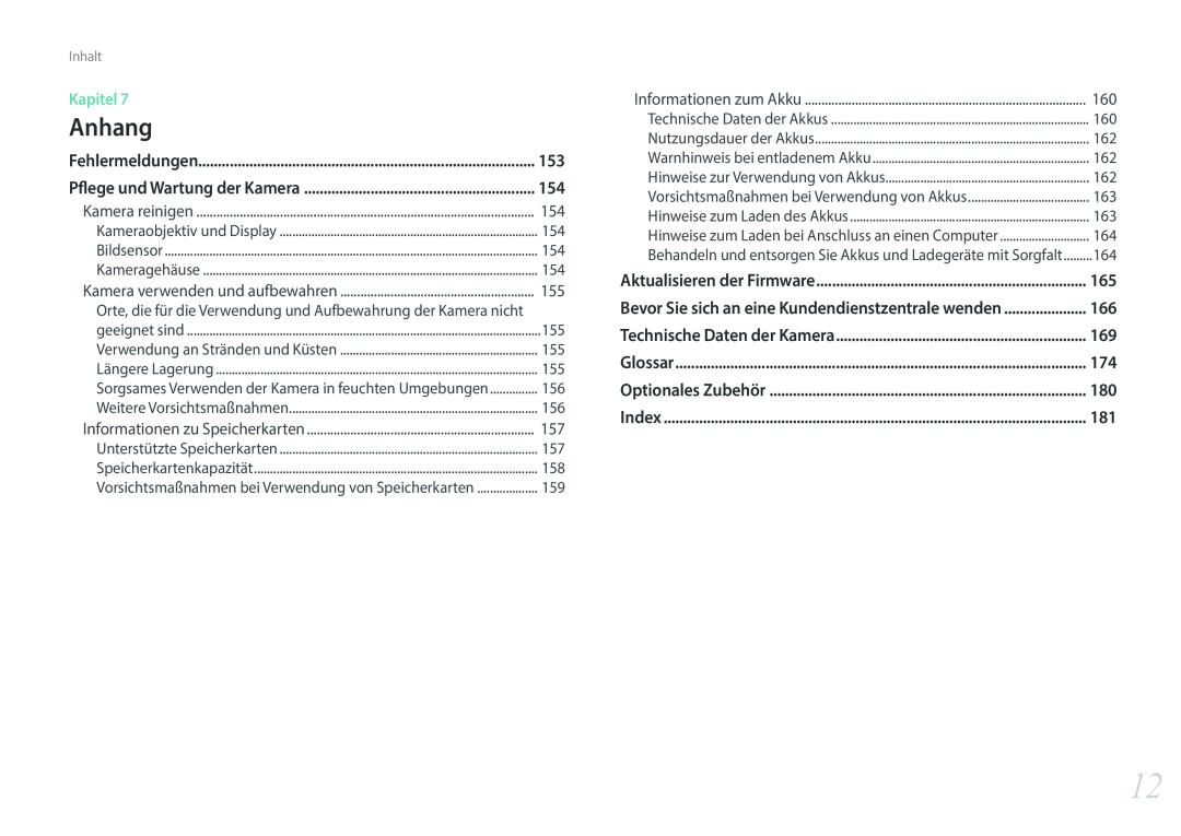 Samsung EV-NX3000BEHFR Anhang, Kapitel, Fehlermeldungen, Pflege und Wartung der Kamera, Aktualisieren der Firmware, Index 