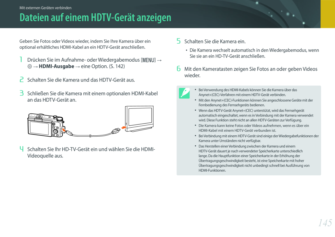 Samsung EV-NX3000BOIPT manual Dateien auf einem HDTV-Gerät anzeigen, Schalten Sie die Kamera und das HDTV-Gerät aus 