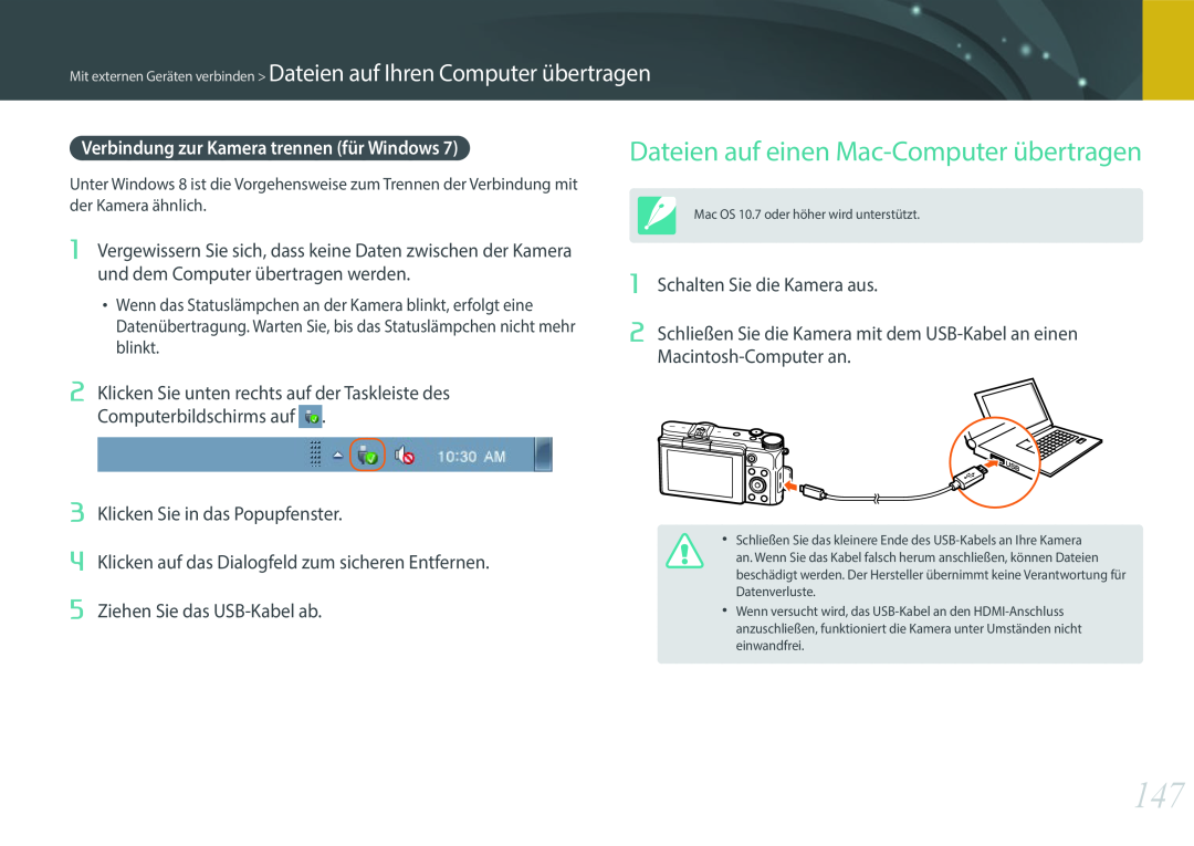 Samsung EV-NX3000BOHDE manual Dateien auf einen Mac-Computer übertragen, Verbindung zur Kamera trennen für Windows 