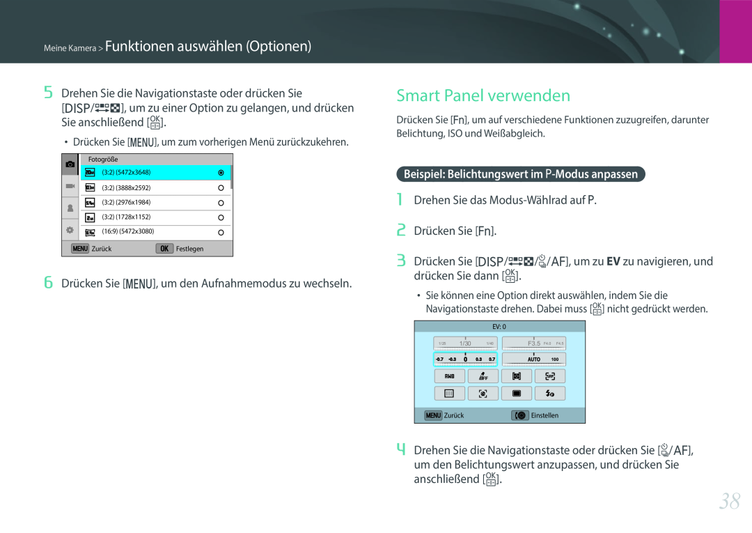 Samsung EV-NX3300BOWDE manual Smart Panel verwenden, Meine Kamera Funktionen auswählen Optionen, Sie anschließend o 