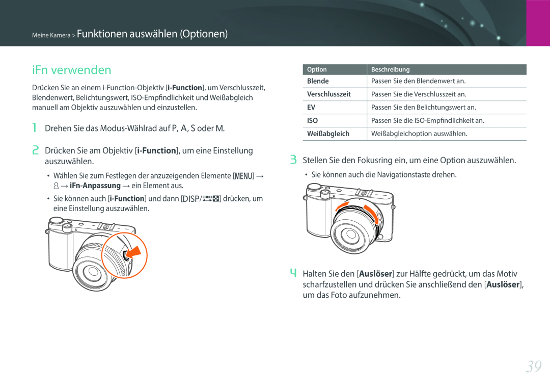 Samsung EV-NX3300BOBDE, EV-NX3000BOHFR, EV-NX3300BPBDE manual iFn verwenden, Meine Kamera Funktionen auswählen Optionen 
