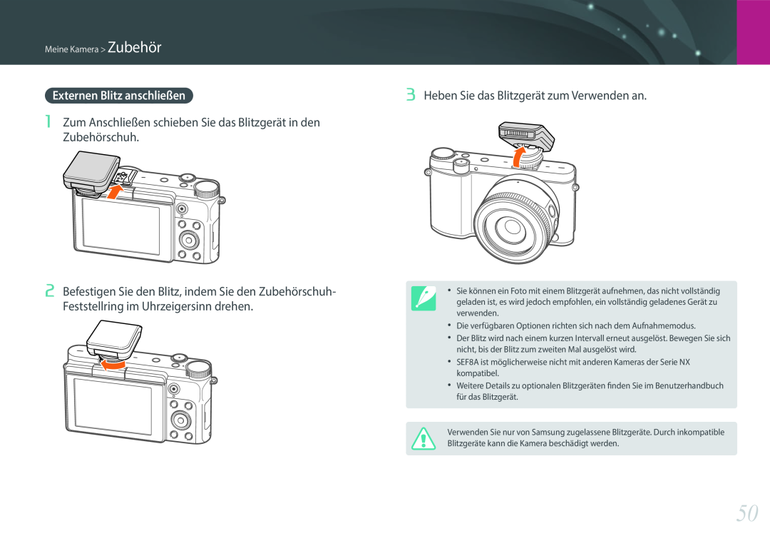 Samsung EV-NX3000BOHFR manual Zum Anschließen schieben Sie das Blitzgerät in den Zubehörschuh, Meine Kamera Zubehör 