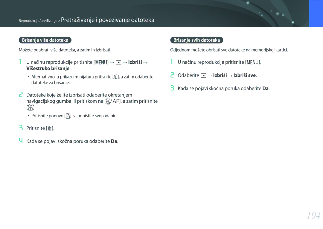 Samsung EV-NX3000BOHRS manual 104, Brisanje više datoteka, Pritisnite n Kada se pojavi skočna poruka odaberite Da 