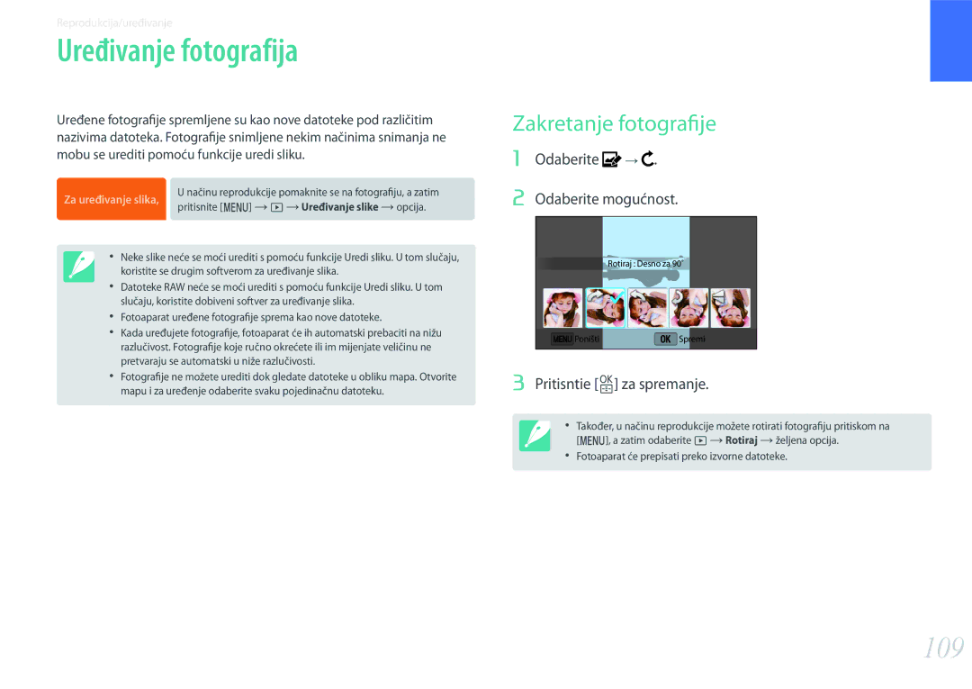Samsung EV-NX3000BOHRS manual Uređivanje fotografija, 109, Zakretanje fotografije, Odaberite Odaberite mogućnost 