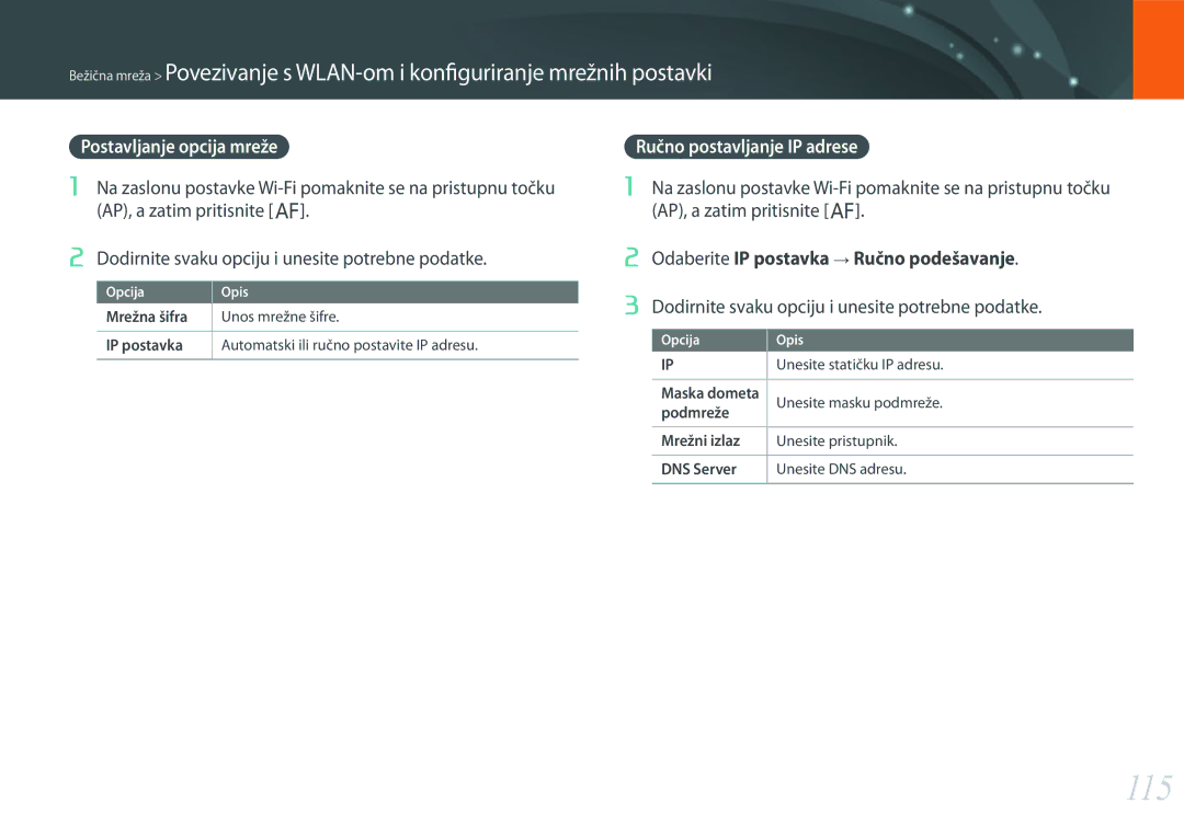 Samsung EV-NX3000BOHRS manual 115, Postavljanje opcija mreže, Ručno postavljanje IP adrese 