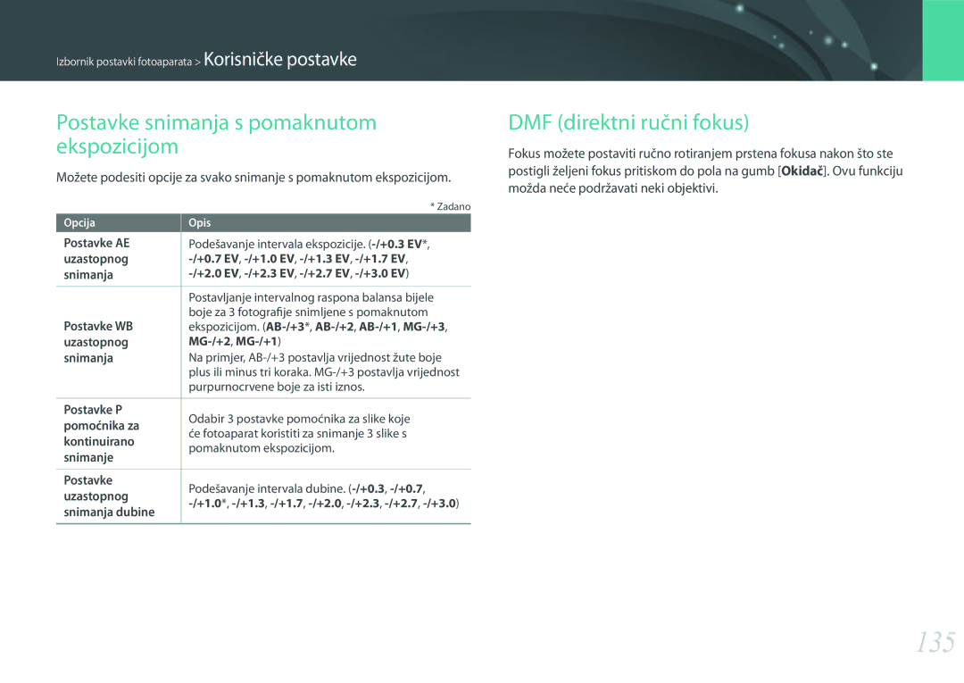 Samsung EV-NX3000BOHRS manual 135, Postavke snimanja s pomaknutom ekspozicijom, DMF direktni ručni fokus, Snimanja dubine 