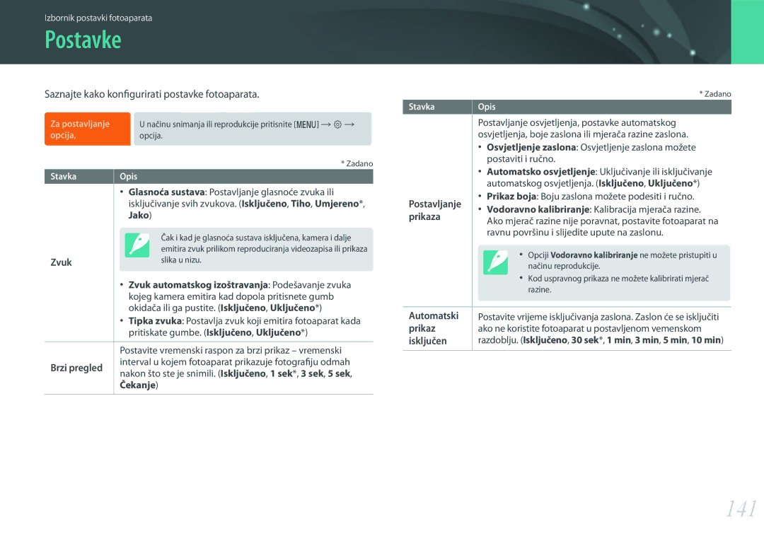 Samsung EV-NX3000BOHRS manual Postavke, 141, Saznajte kako konfigurirati postavke fotoaparata 