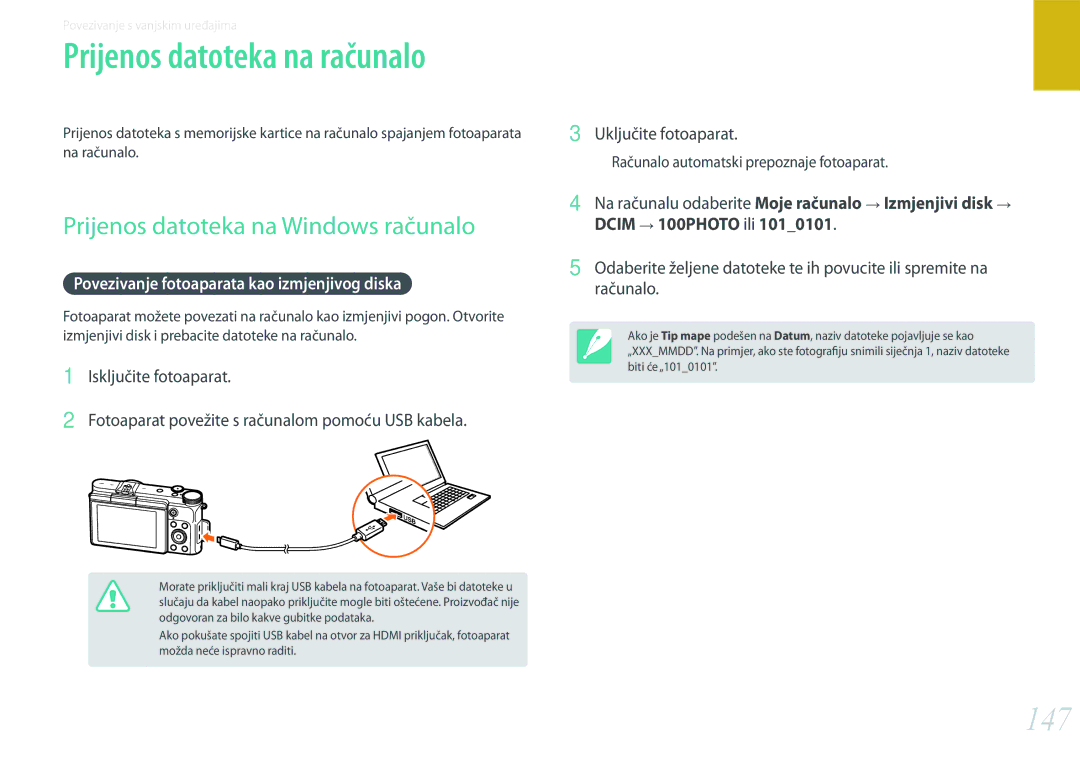 Samsung EV-NX3000BOHRS manual 147, Prijenos datoteka na Windows računalo, Povezivanje fotoaparata kao izmjenjivog diska 