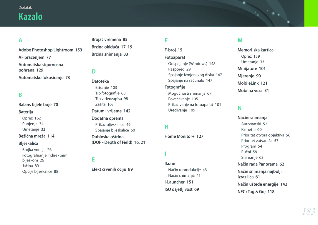 Samsung EV-NX3000BOHRS manual Kazalo, 183, Adobe Photoshop Lightroom 