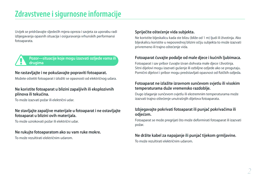 Samsung EV-NX3000BOHRS manual Zdravstvene i sigurnosne informacije, Ne rastavljajte i ne pokušavajte popraviti fotoaparat 