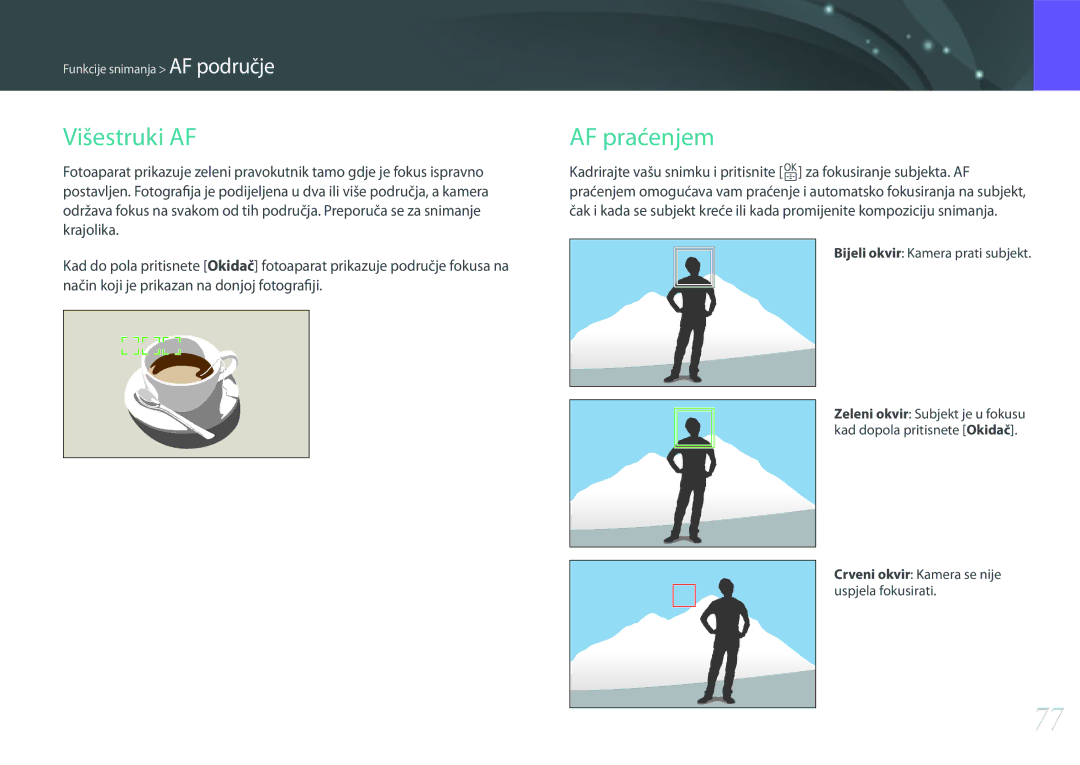 Samsung EV-NX3000BOHRS manual Višestruki AF, AF praćenjem, Bijeli okvir Kamera prati subjekt 