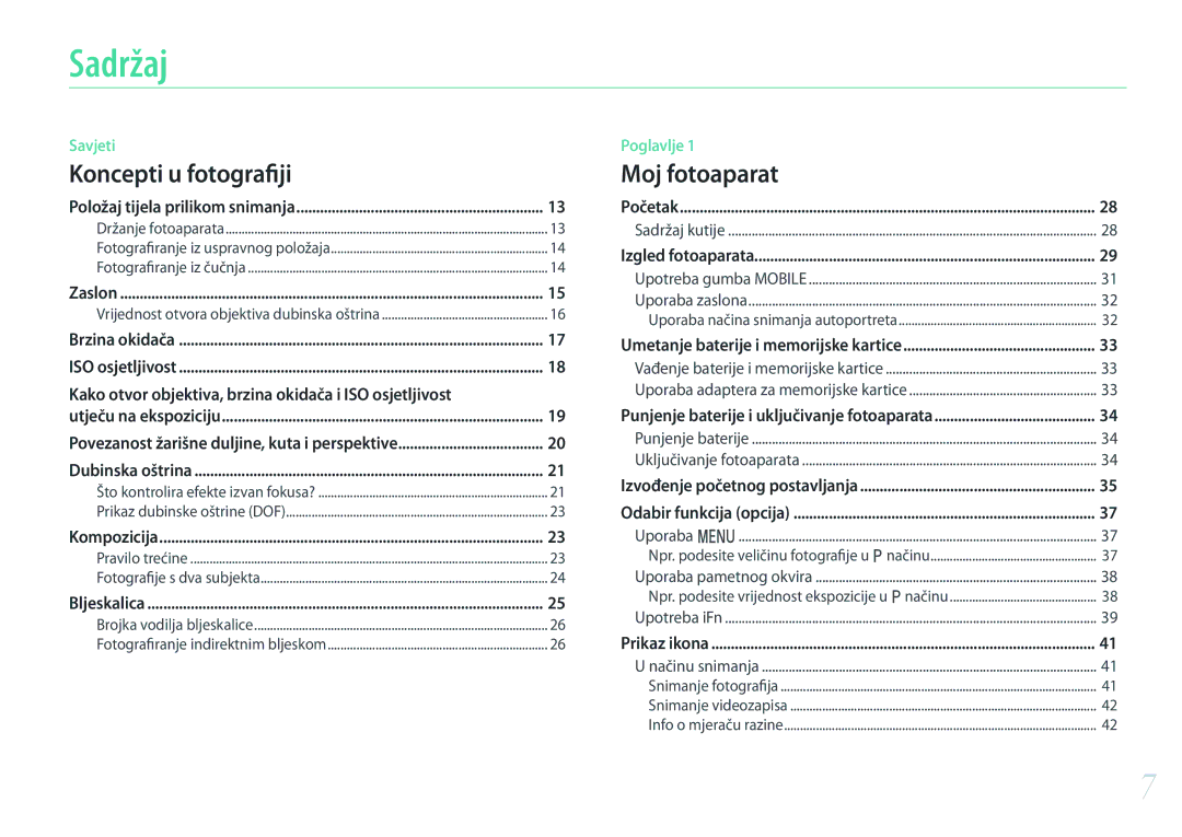 Samsung EV-NX3000BOHRS manual Sadržaj, Koncepti u fotografiji 