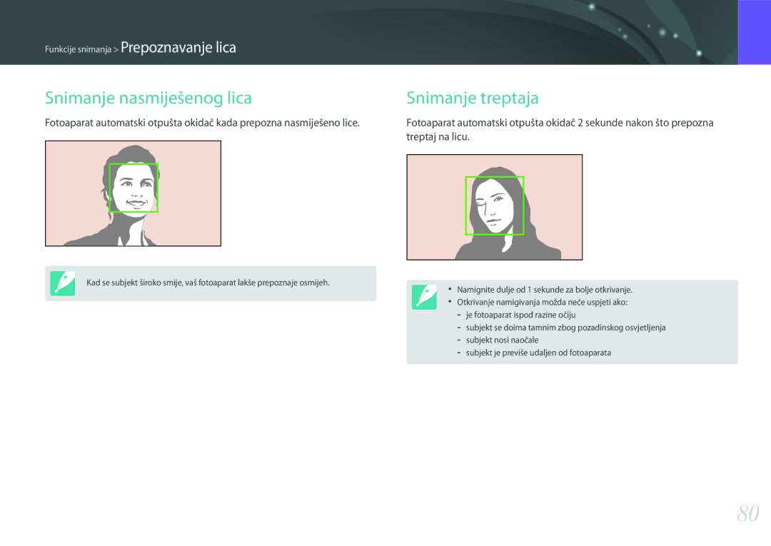 Samsung EV-NX3000BOHRS manual Snimanje nasmiješenog lica, Snimanje treptaja 