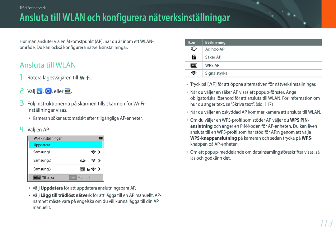 Samsung EV-NX3000BOJDK, EV-NX3000BOHSE manual Ansluta till Wlan och konfigurera nätverksinställningar, 114, Välj en AP 