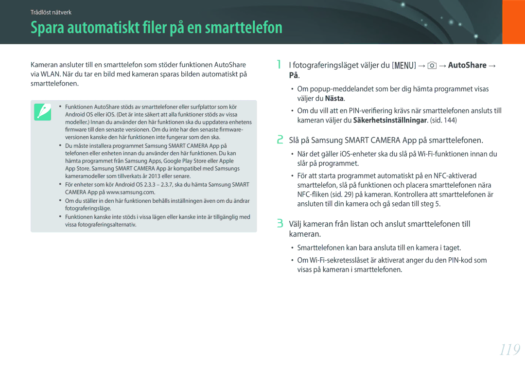 Samsung EV-NX3000BOHSE Spara automatiskt filer på en smarttelefon, 119, Fotograferingsläget väljer du m b AutoShare På 