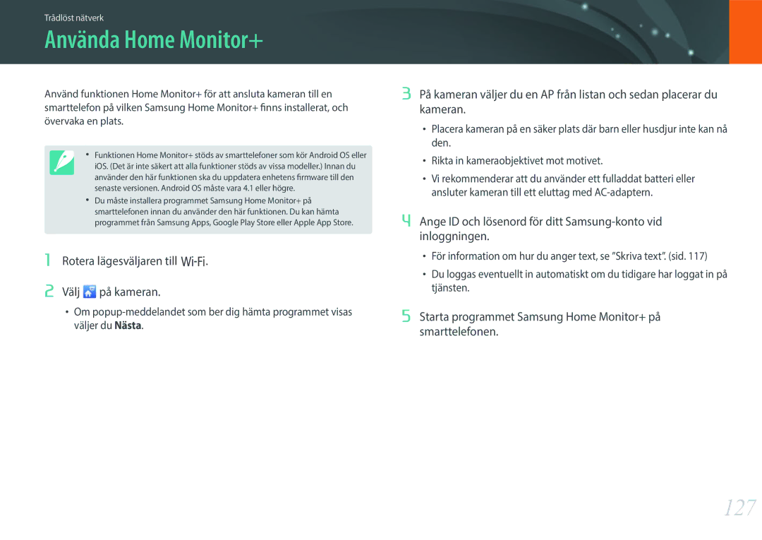 Samsung EV-NX3000BOJSE manual Använda Home Monitor+, 127, Starta programmet Samsung Home Monitor+ på smarttelefonen 