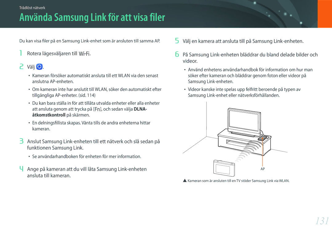 Samsung EV-NX3000BOHSE, EV-NX3000BOJDK, EV-NX3000BOJSE, EV-NX3000BOHDK manual 131, Använda Samsung Link för att visa filer 