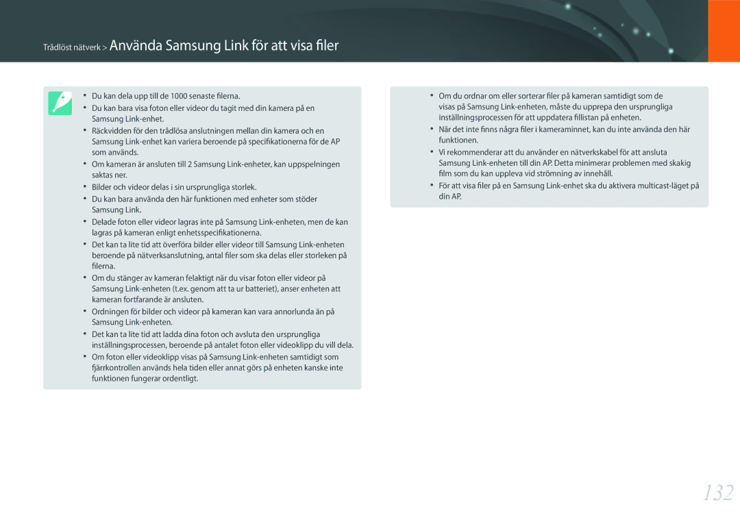 Samsung EV-NX3000BOJDK, EV-NX3000BOHSE, EV-NX3000BOJSE manual 132, Trådlöst nätverk Använda Samsung Link för att visa filer 