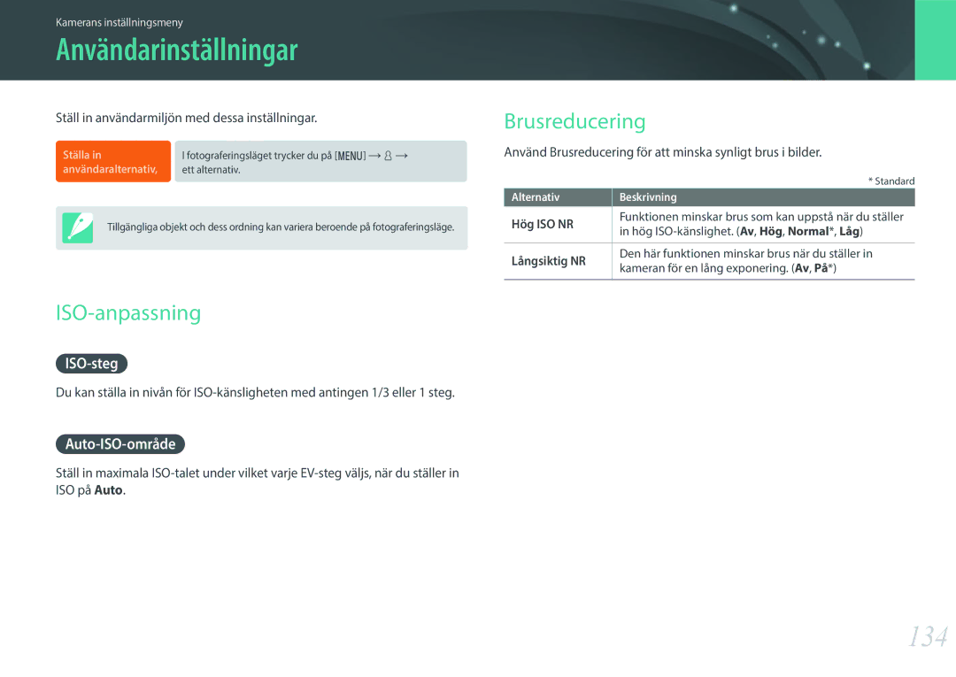 Samsung EV-NX3000BOHDK, EV-NX3000BOHSE, EV-NX3000BOJDK manual Användarinställningar, 134, ISO-anpassning, Brusreducering 
