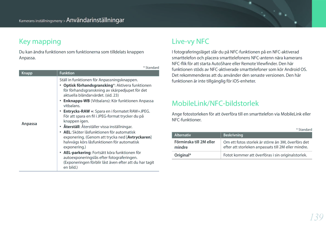 Samsung EV-NX3000BOJSE, EV-NX3000BOHSE, EV-NX3000BOJDK manual 139, Key mapping, Live-vy NFC, MobileLink/NFC-bildstorlek 