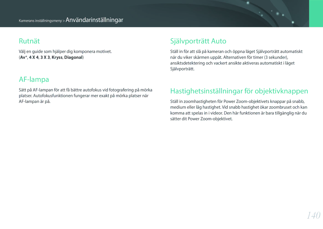 Samsung EV-NX3000BOHDK manual 140, Rutnät, AF-lampa, Självporträtt Auto, Hastighetsinställningar för objektivknappen 