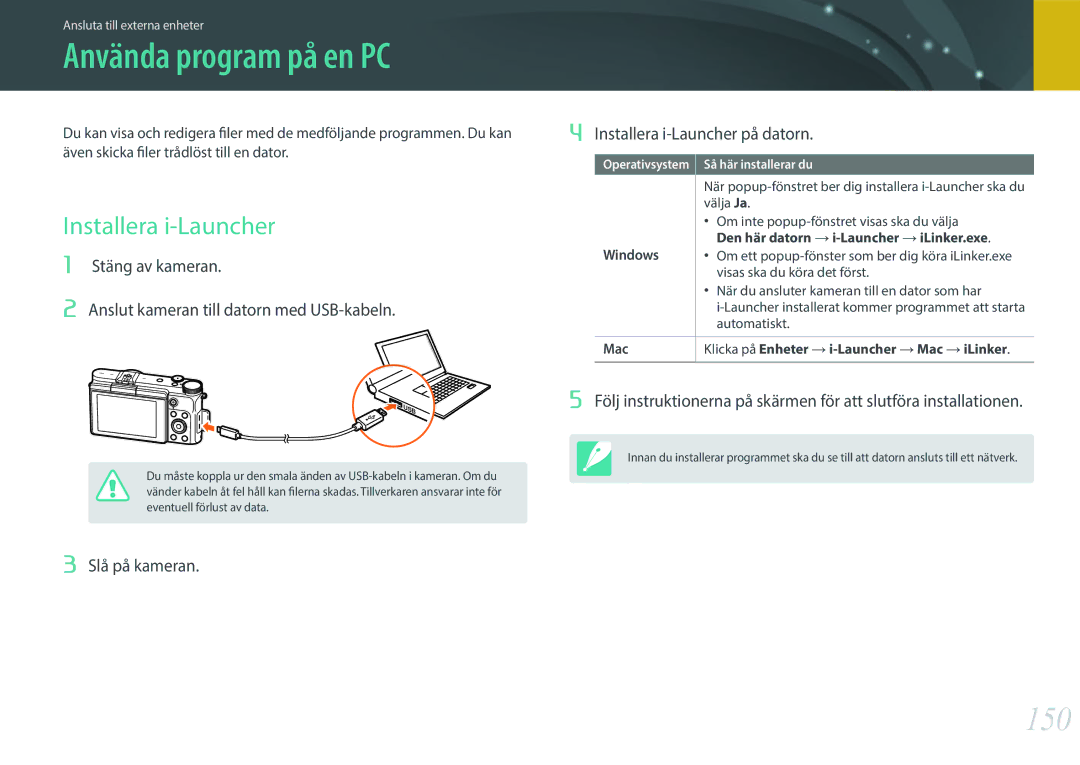 Samsung EV-NX3000BOJDK, EV-NX3000BOHSE, EV-NX3000BOJSE, EV-NX3000BOHDK Använda program på en PC, 150, Installera i-Launcher 