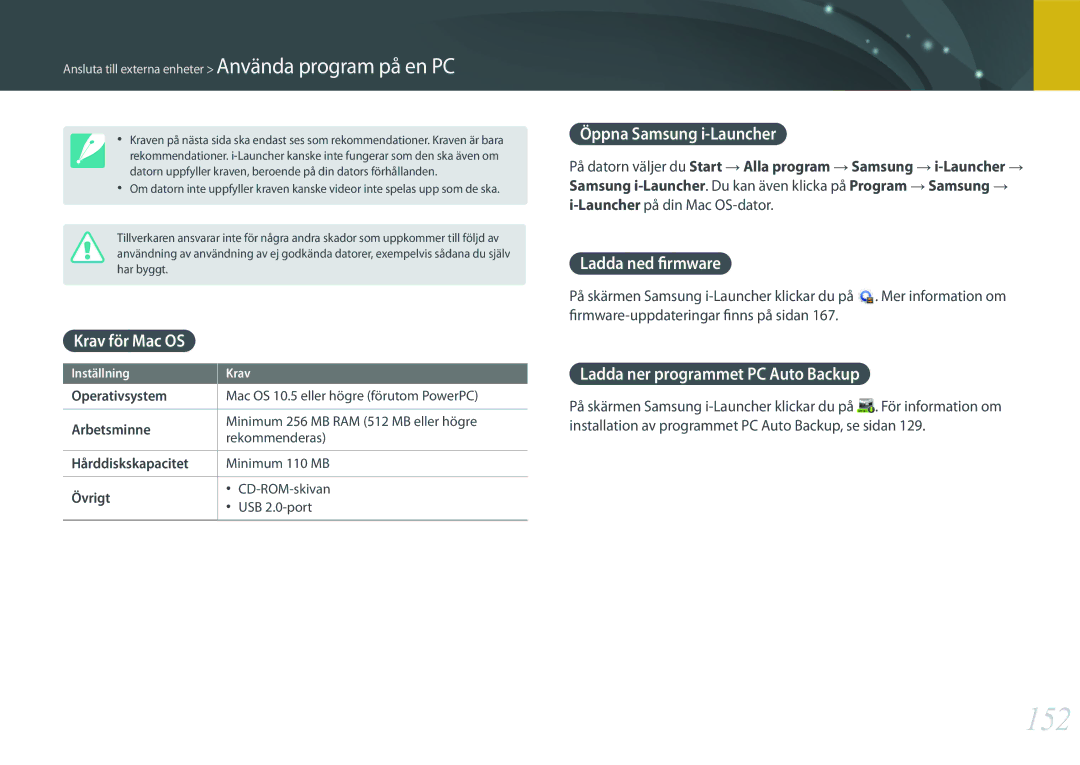 Samsung EV-NX3000BOHDK, EV-NX3000BOHSE, EV-NX3000BOJDK 152, Krav för Mac OS, Öppna Samsung i-Launcher, Ladda ned firmware 