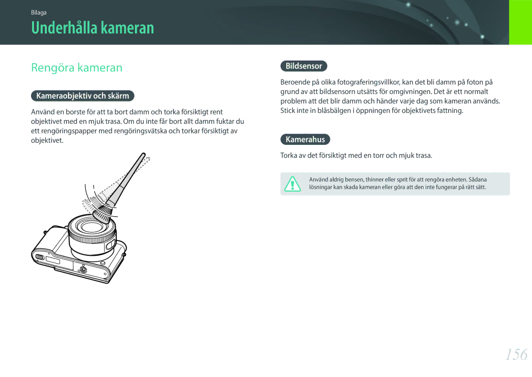 Samsung EV-NX3000BOJDK, EV-NX3000BOHSE, EV-NX3000BOJSE, EV-NX3000BOHDK manual Underhålla kameran, 156, Rengöra kameran 