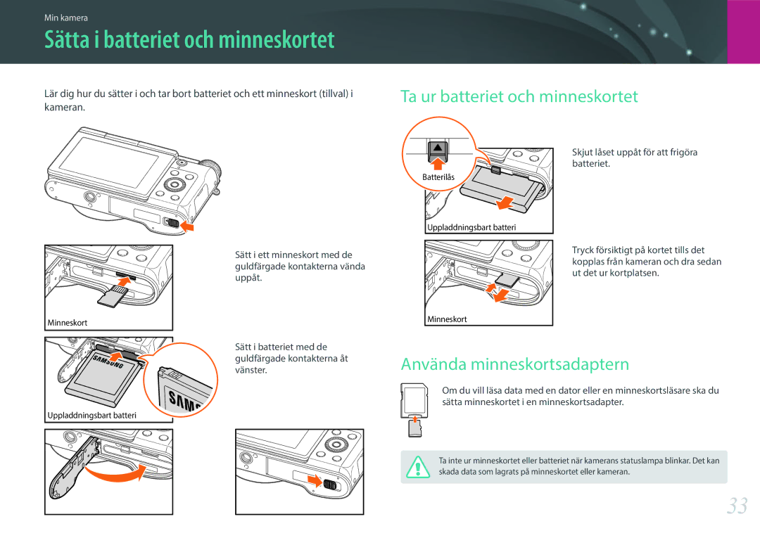 Samsung EV-NX3000BOIDK, EV-NX3000BOHSE, EV-NX3000BOJDK manual Ta ur batteriet och minneskortet, Använda minneskortsadaptern 