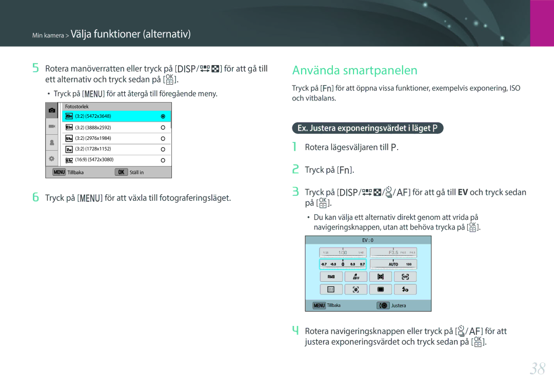 Samsung EV-NX3000BOHDK, EV-NX3000BOHSE manual Använda smartpanelen, Rotera manöverratten eller tryck på D/I för att gå till 