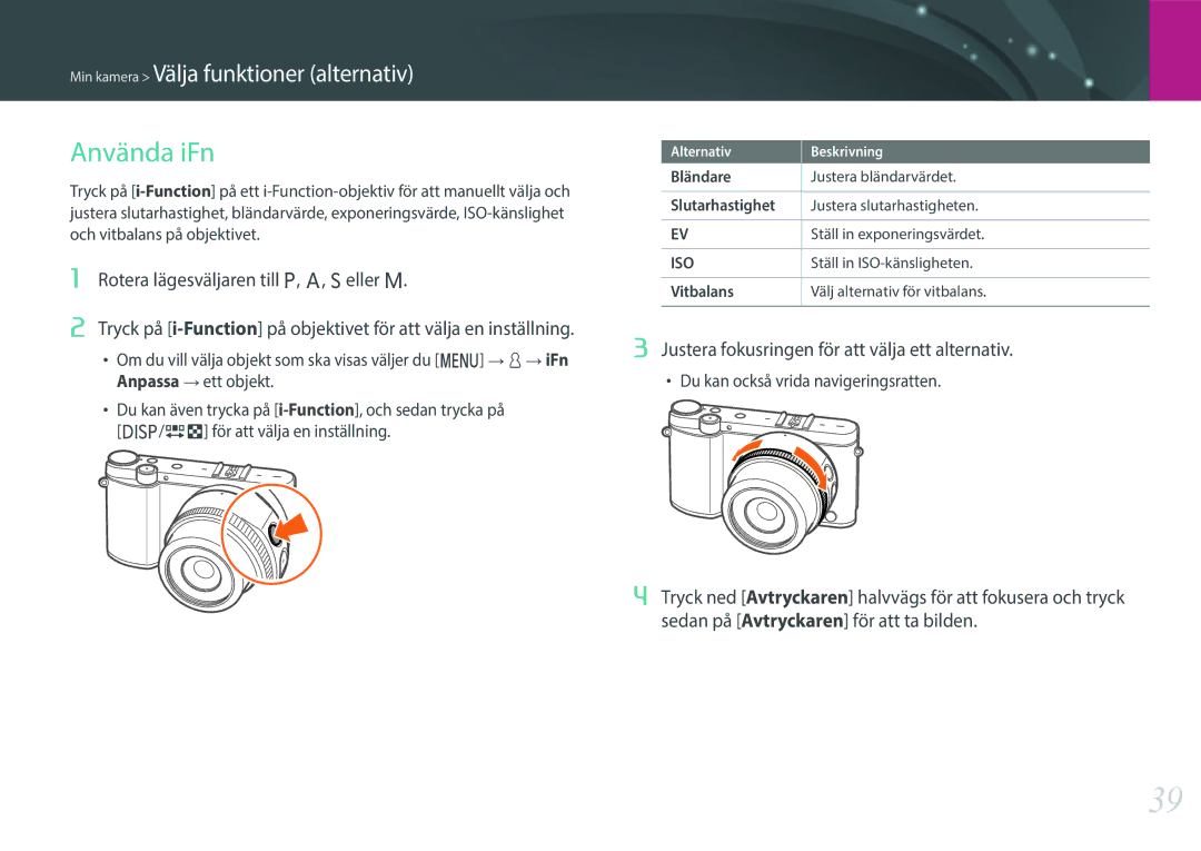 Samsung EV-NX3000BOIDK, EV-NX3000BOHSE Använda iFn, Justera fokusringen för att välja ett alternativ, Bländare, Vitbalans 