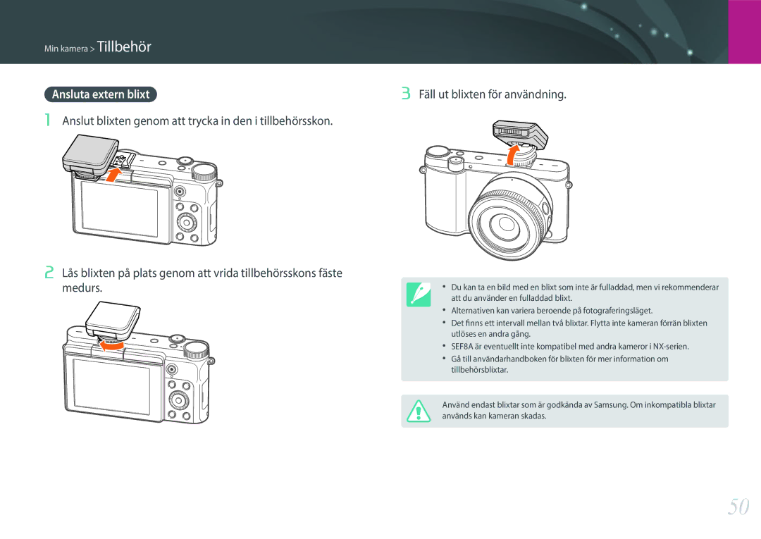 Samsung EV-NX3000BOHDK, EV-NX3000BOHSE, EV-NX3000BOJDK, EV-NX3000BOJSE, EV-NX3000BOIDK manual Fäll ut blixten för användning 