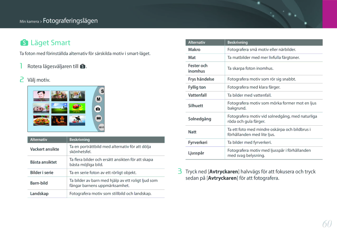 Samsung EV-NX3000BOJDK, EV-NX3000BOHSE, EV-NX3000BOJSE, EV-NX3000BOHDK Läget Smart, Rotera lägesväljaren till s Välj motiv 