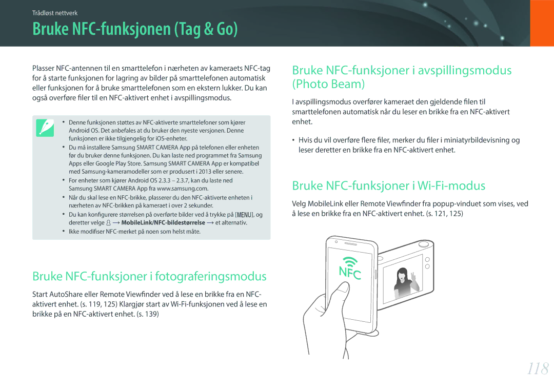 Samsung EV-NX3000BOISE 118, Bruke NFC-funksjoner i fotograferingsmodus, Bruke NFC-funksjoner i avspillingsmodus Photo Beam 