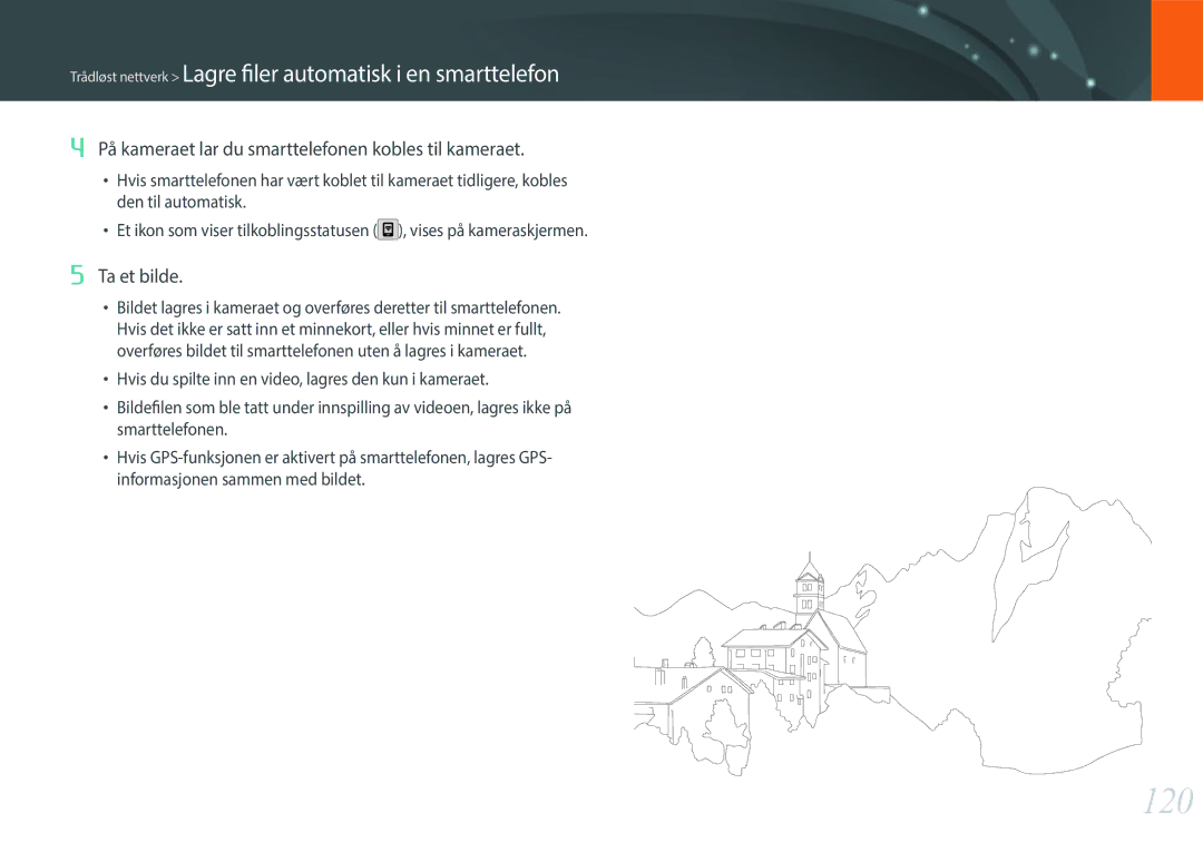 Samsung EV-NX3000BOJDK, EV-NX3000BOHSE manual 120, På kameraet lar du smarttelefonen kobles til kameraet, Ta et bilde 
