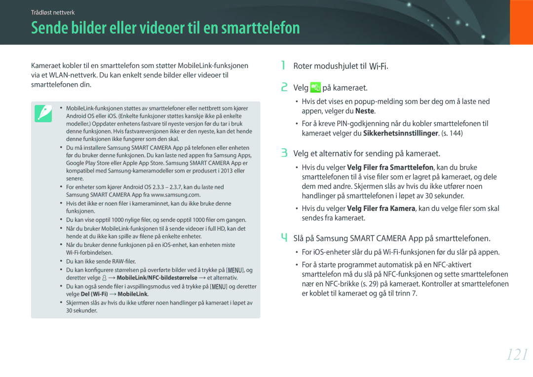 Samsung EV-NX3000BOJSE manual Sende bilder eller videoer til en smarttelefon, 121, Roter modushjulet til B Velg på kameraet 