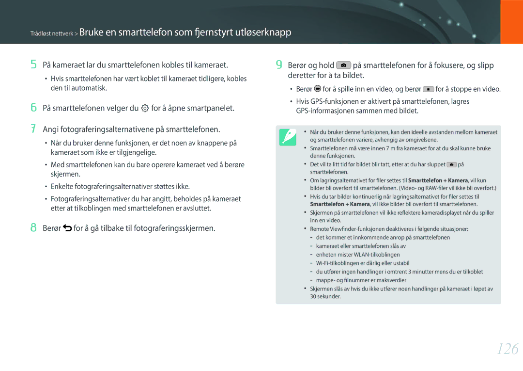 Samsung EV-NX3000BOJDK, EV-NX3000BOHSE, EV-NX3000BOJSE manual 126, På kameraet lar du smarttelefonen kobles til kameraet 