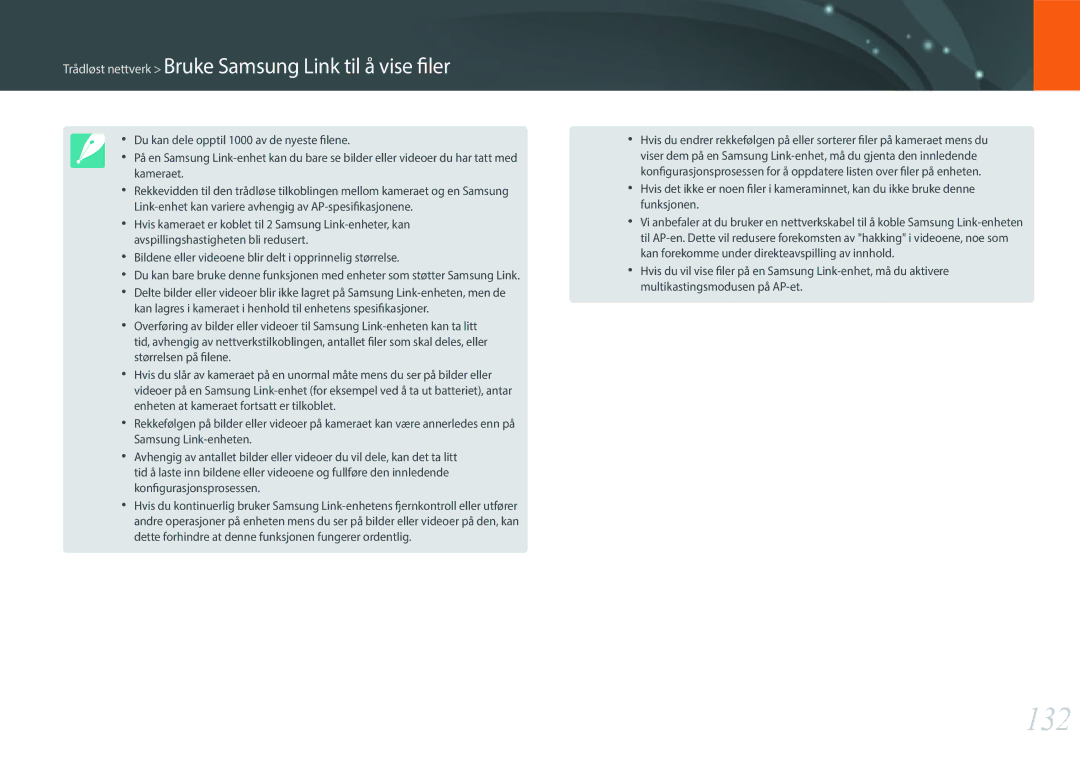 Samsung EV-NX3000BOJDK, EV-NX3000BOHSE, EV-NX3000BOJSE manual 132, Trådløst nettverk Bruke Samsung Link til å vise filer 