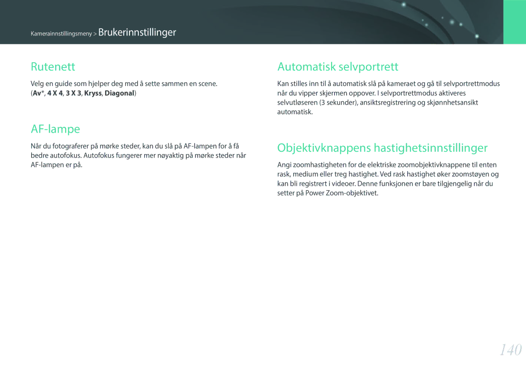 Samsung EV-NX3000BOHDK manual 140, Rutenett, AF-lampe, Automatisk selvportrett, Objektivknappens hastighetsinnstillinger 