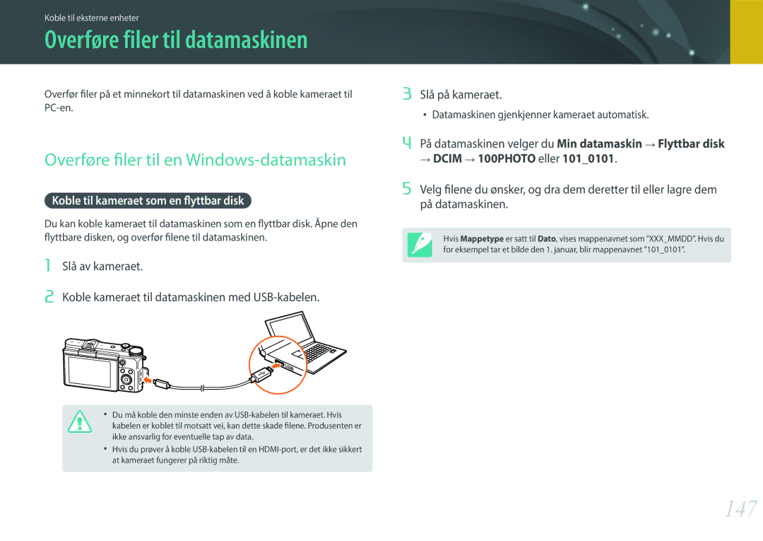 Samsung EV-NX3000BOIDK manual 147, Overføre filer til en Windows-datamaskin, Koble til kameraet som en flyttbar disk 