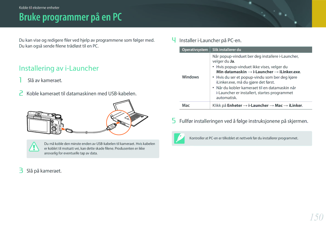 Samsung EV-NX3000BOJDK, EV-NX3000BOHSE, EV-NX3000BOJSE manual Bruke programmer på en PC, 150, Installering av i-Launcher 