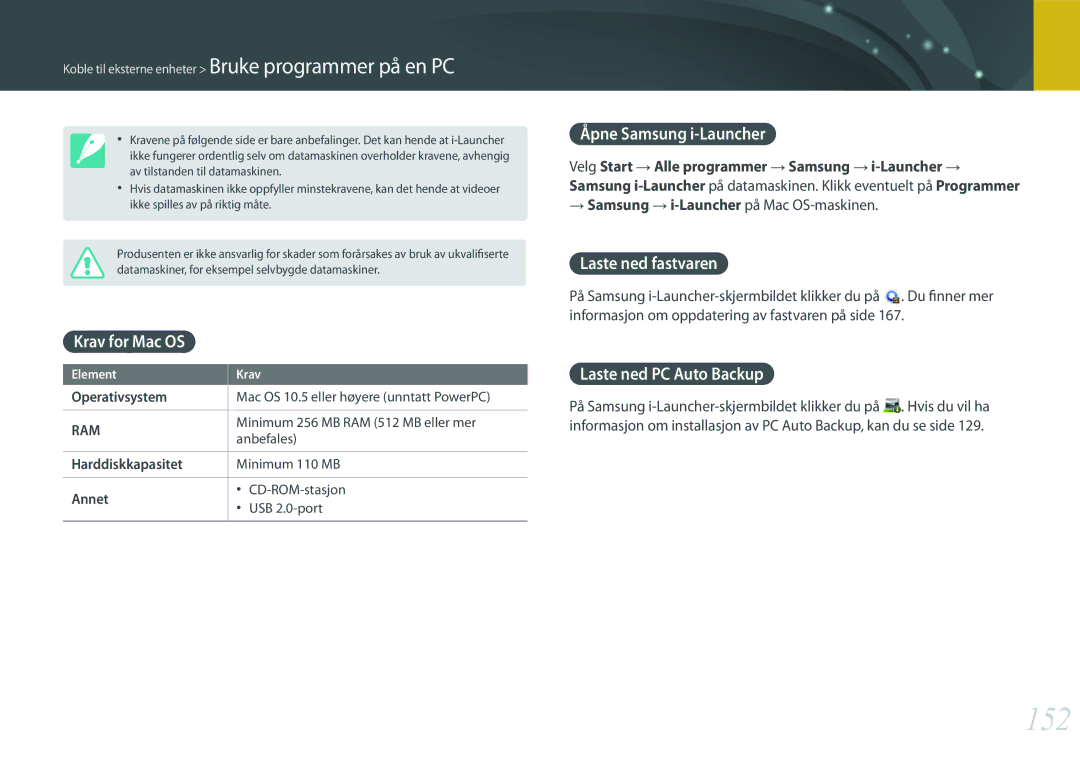Samsung EV-NX3000BOHDK manual 152, Krav for Mac OS, Åpne Samsung i-Launcher, Laste ned fastvaren, Laste ned PC Auto Backup 