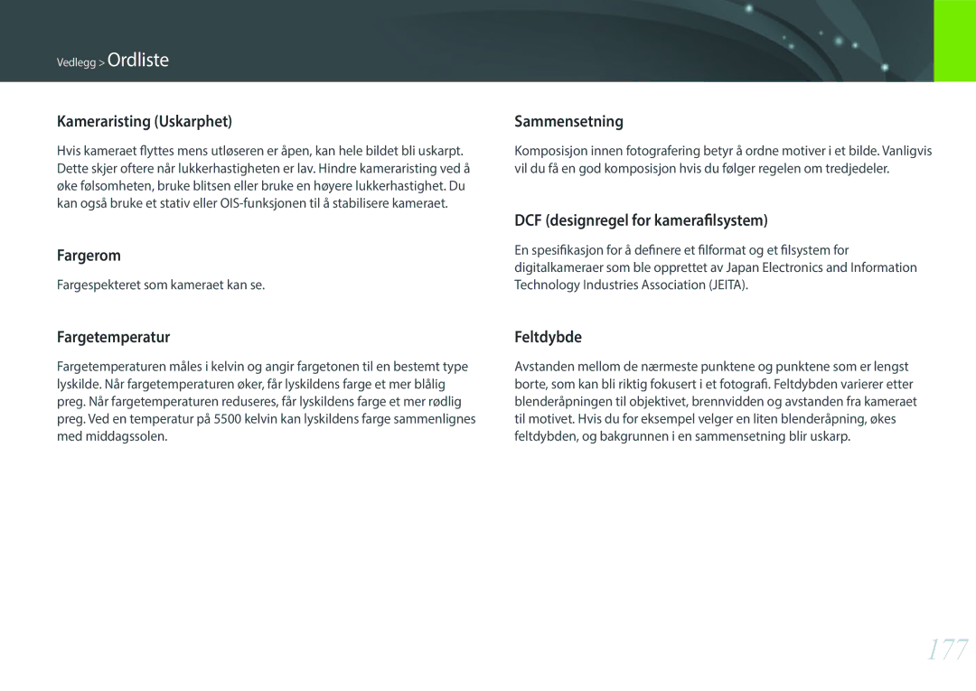 Samsung EV-NX3000BOIDK, EV-NX3000BOHSE, EV-NX3000BOJDK, EV-NX3000BOJSE manual 177, Fargespekteret som kameraet kan se 